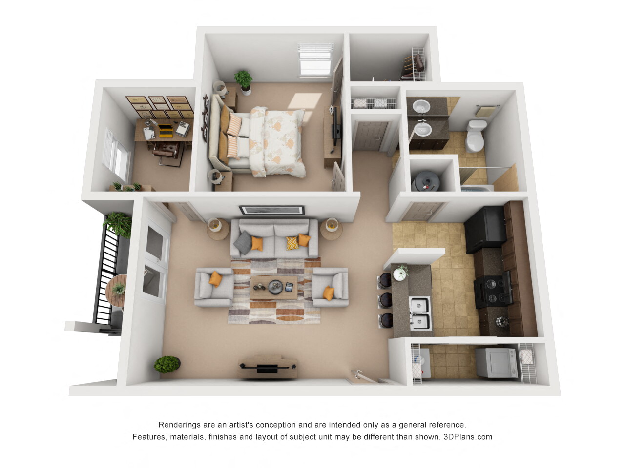 Floor plan for 1 bed, 1 bath, 766 sqft